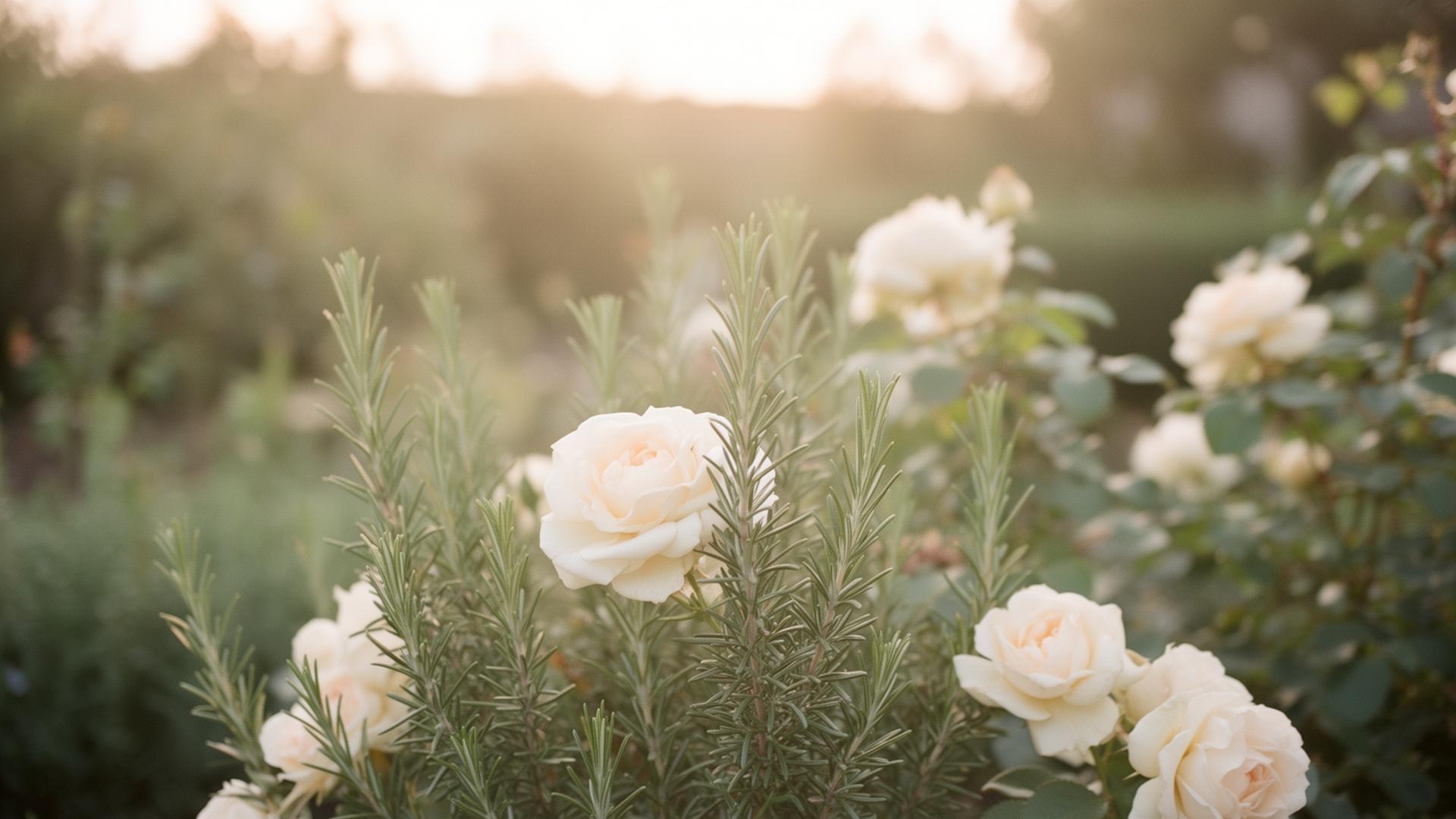 Roses and rosemary growing together in the Pebble Garden at golden hour